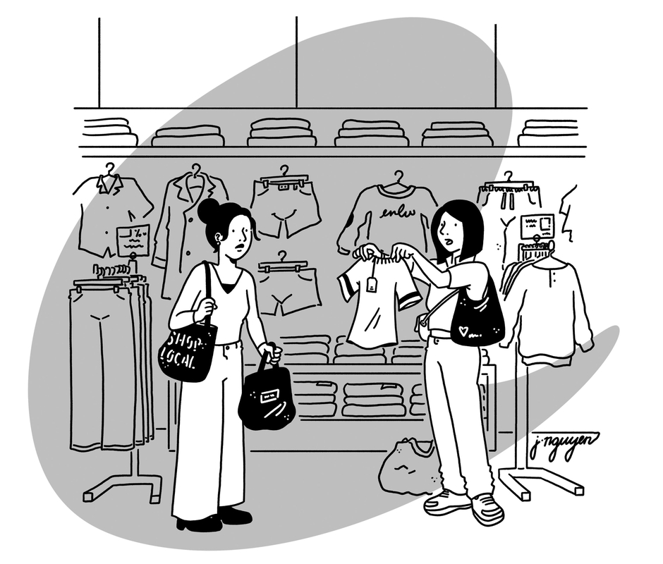 “All the shopping bags are made of cloth, and all the clothes are made of plastic.”