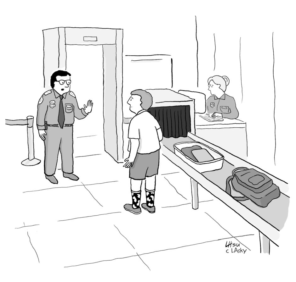 “You can keep your shoes on, but those socks have to go.”