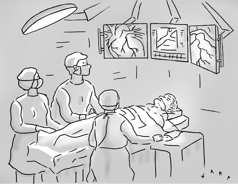 “O.K., he looks pretty stable—switch the middle screen back to the Super Bowl.”