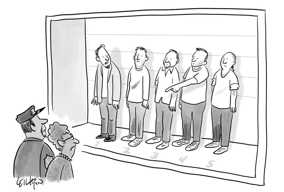 “No, Jim, you don’t point to the lady you mugged.”