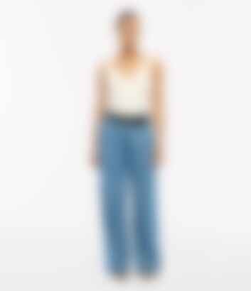 Chambray Relaxed Wide Leg Pant in Medium Blue