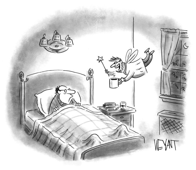 “Sleep? No, I’m the anxiety fairy. How about a cuppa joe?”