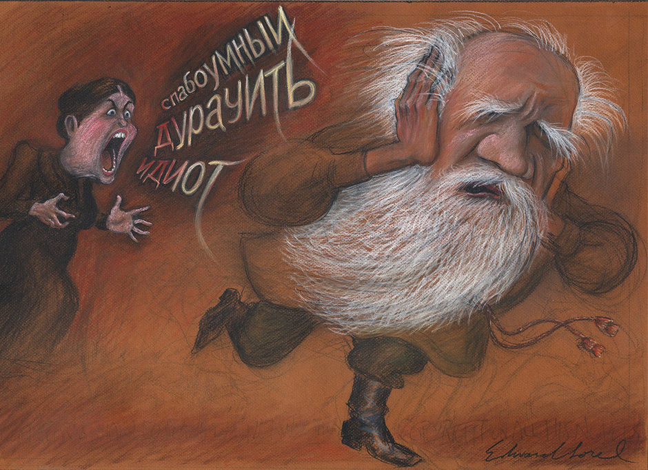 Here we see Sonia Tolstoy on the night she discovered that her husband, 82-year-old Leo, had changed his will and, in an effort to be like Jesus, disowned all his copyrights. Realizing that this will leave her and her 13 children penniless, Sonia expresses her displeasure.